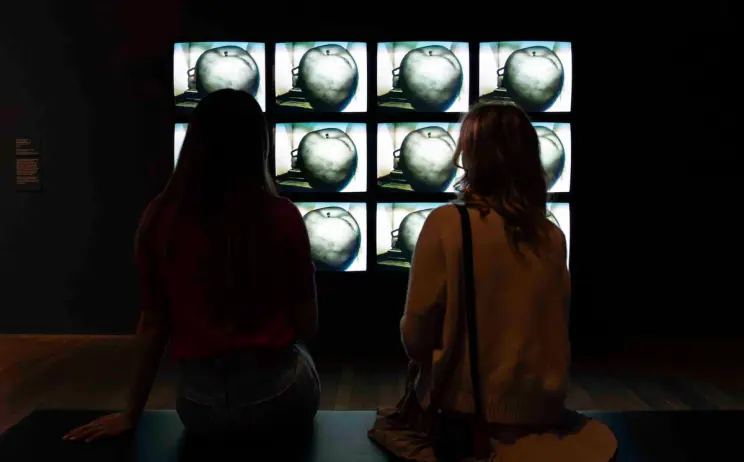 Two seated figures are seen looking at a grid of identical images.