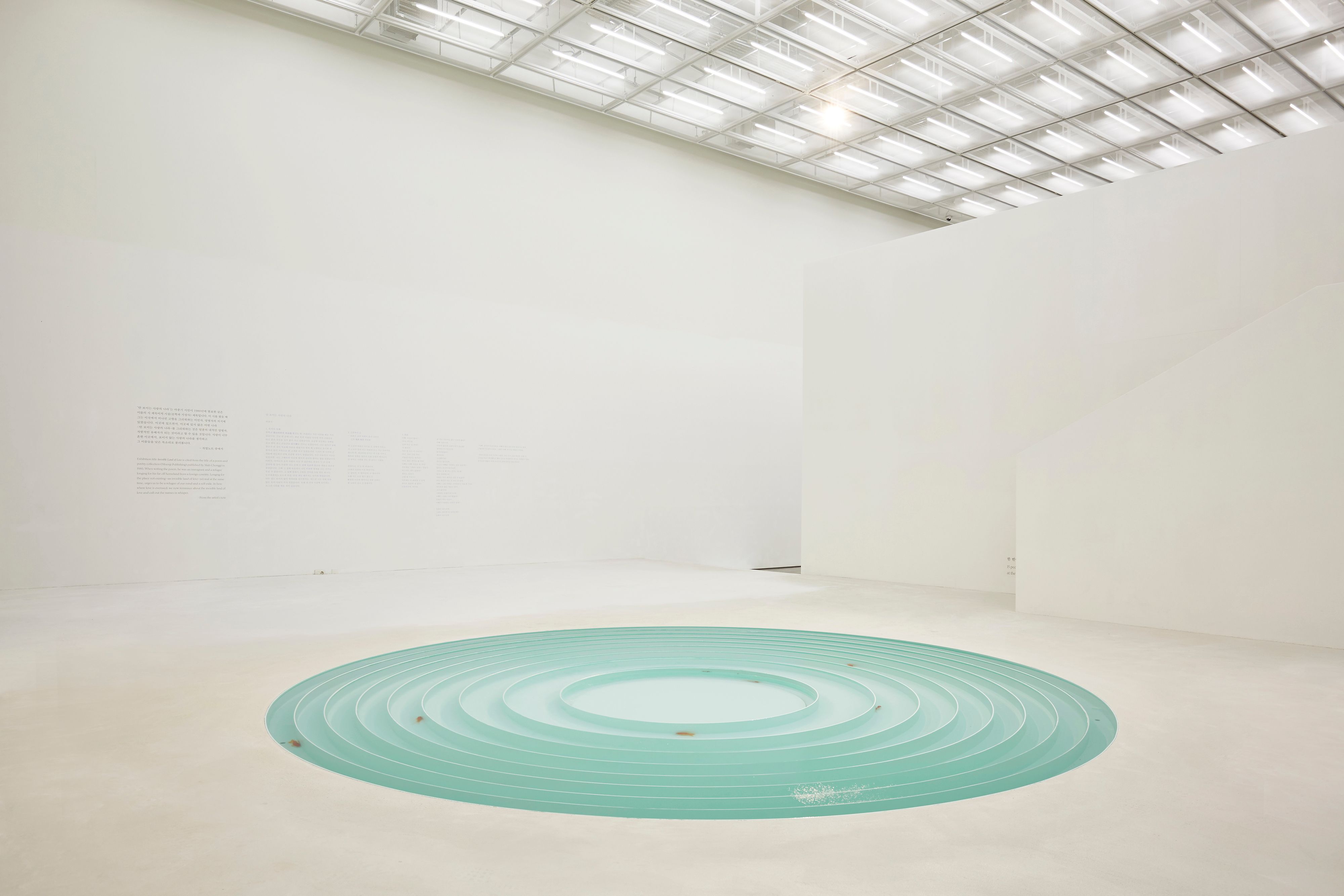 Nine goldfish depicted in a 2015 artwork, scattered among turquoise round shapes on the floor.