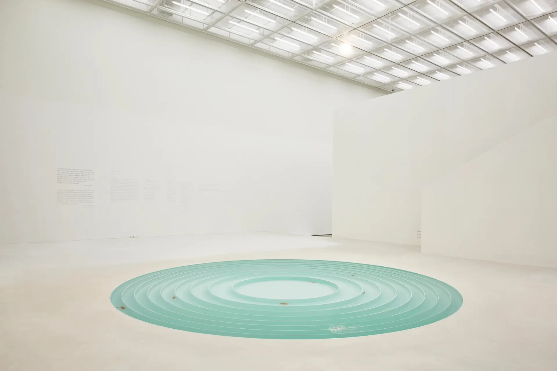 Nine goldfish depicted in a 2015 artwork, scattered among turquoise round shapes on the floor.