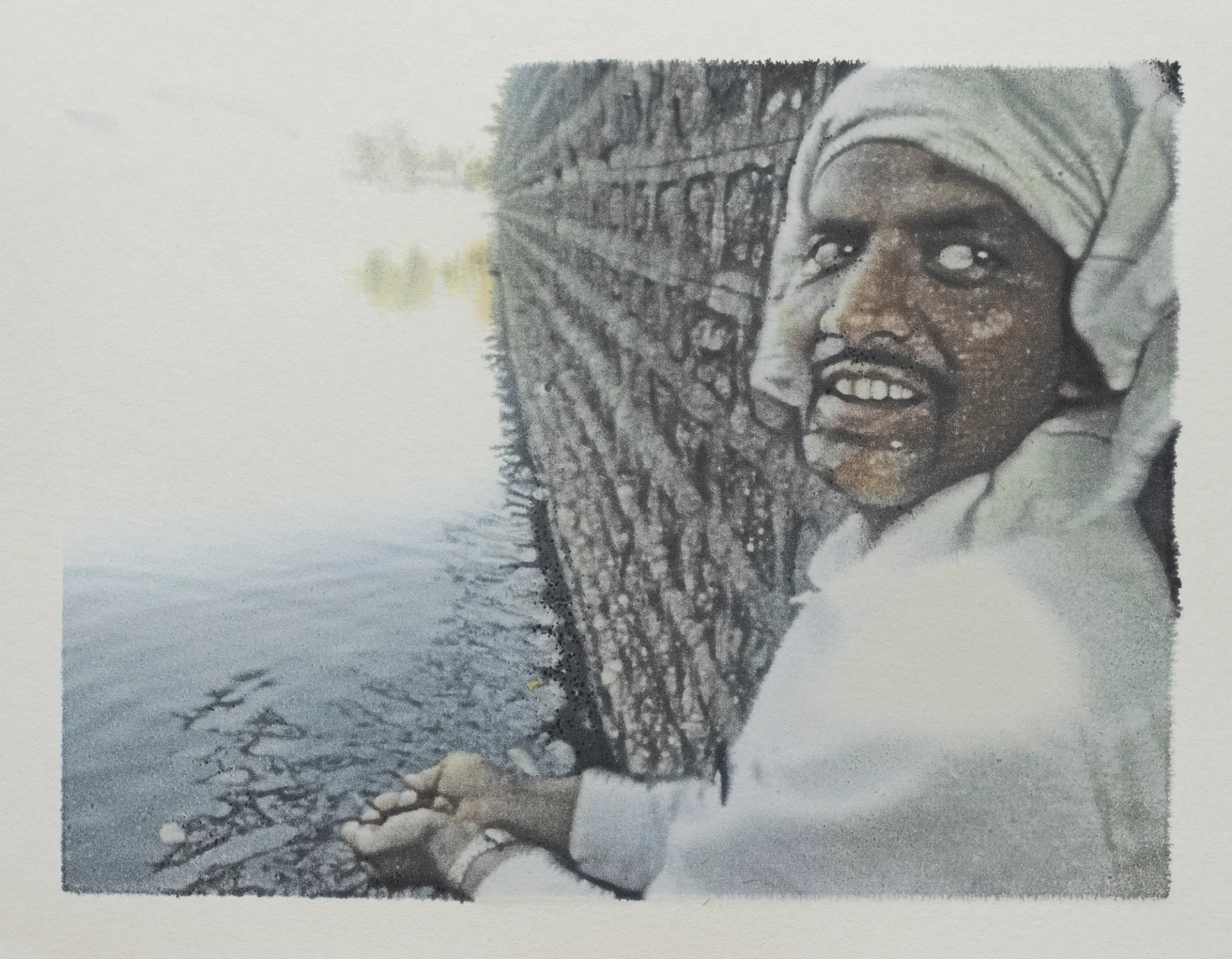 A monotype showing a person kneeling by water.
