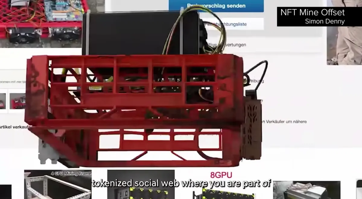 A vibrant red NFT mining device sits in sharp focus, surrounded by a variety of other electronic devices and prototypes in a slightly blurred background. Overlaying the image are partial results of a search conducted in German. Text in the top left corner reads "NFT Mine Offset, Simon Denny", while text at the bottom suggests a context of a "tokenized social web where you are part of".
