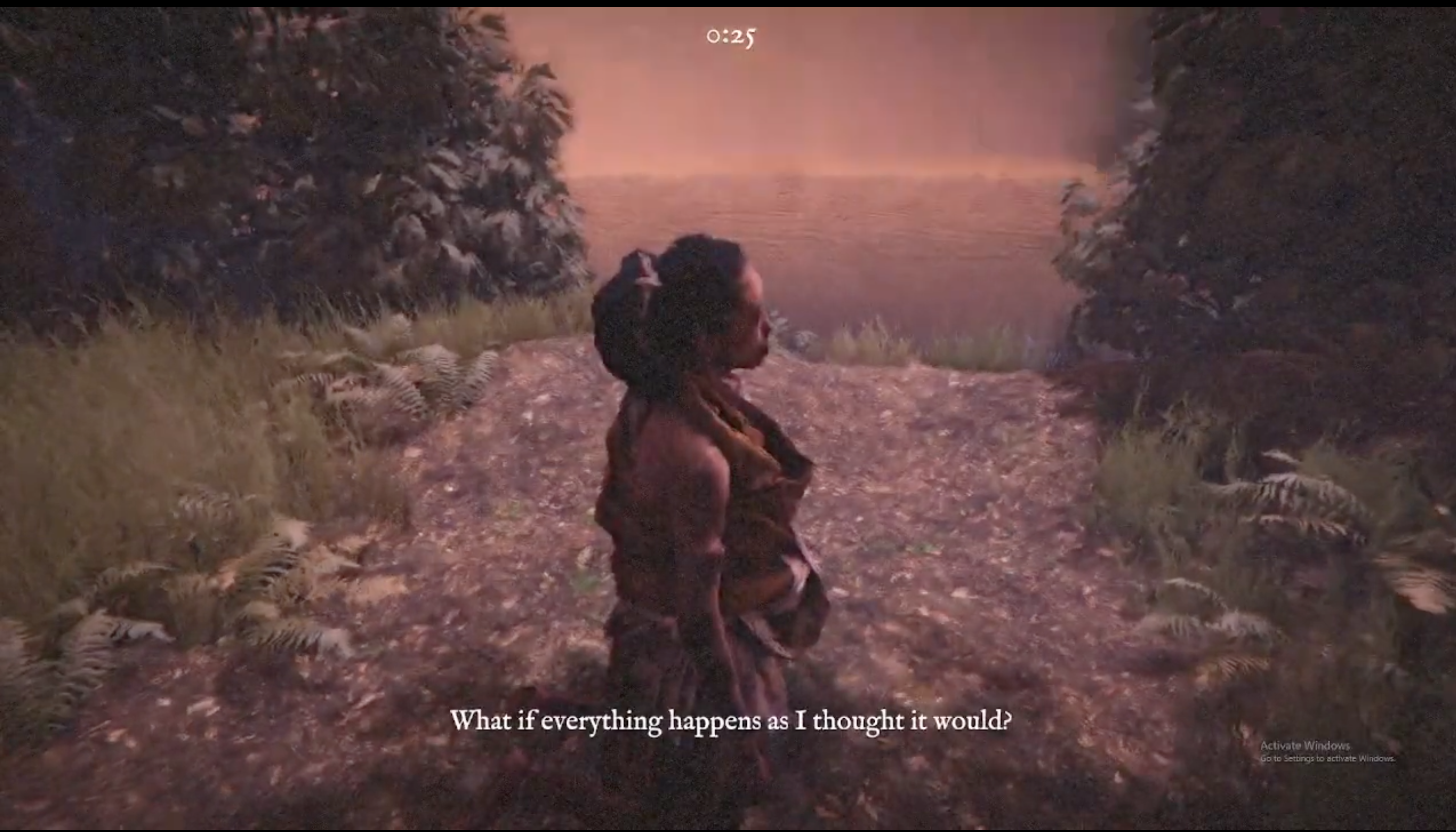 A woman in traditional garb gazes toward the ocean at sunset, reflecting aloud.