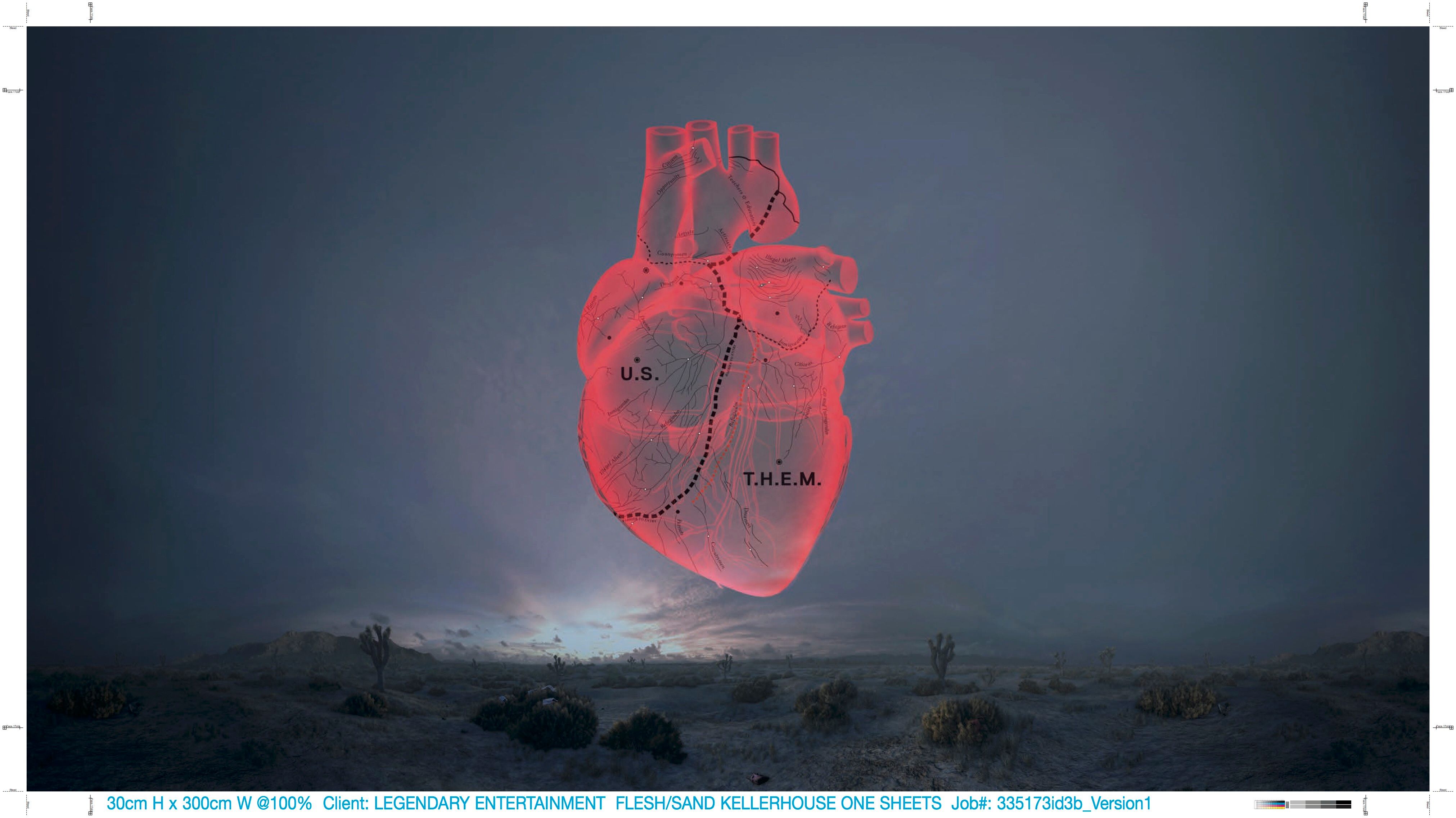 A translucent red heart in a desert sunset landscape with a dashed line through the center. The left side is labeled "U.S....
