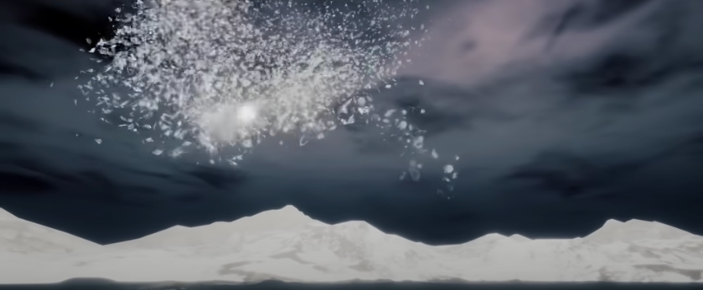 A desolate white mountainscape under a dark grey sky, contrasted by overhead white fluffy material resembling clouds.