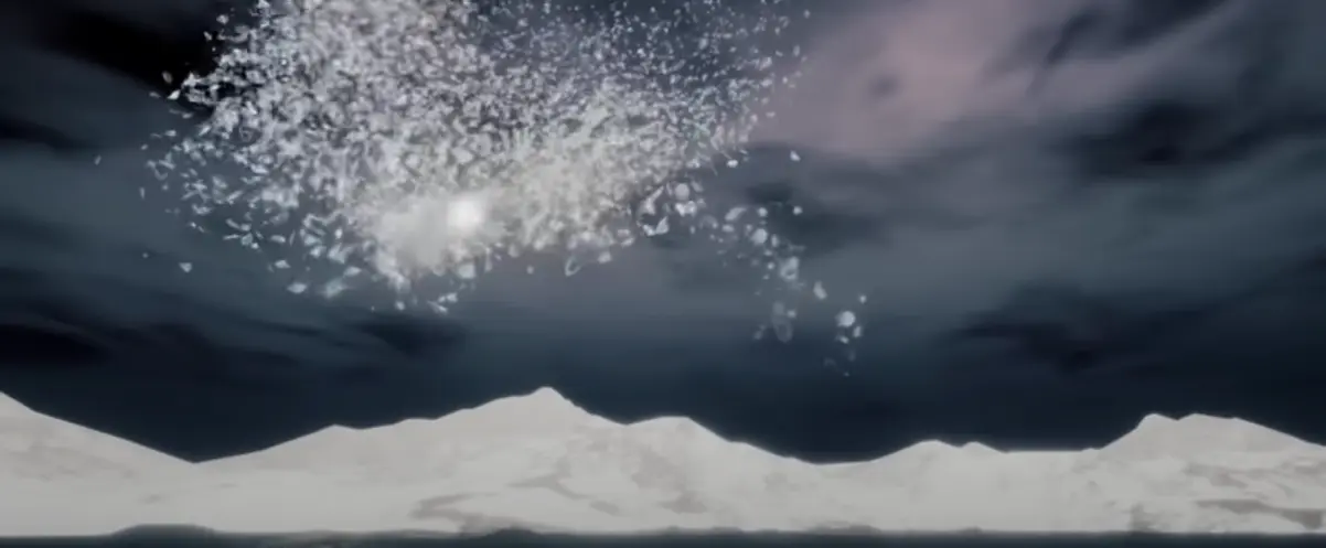 A desolate white mountainscape under a dark grey sky, contrasted by overhead white fluffy material resembling clouds.