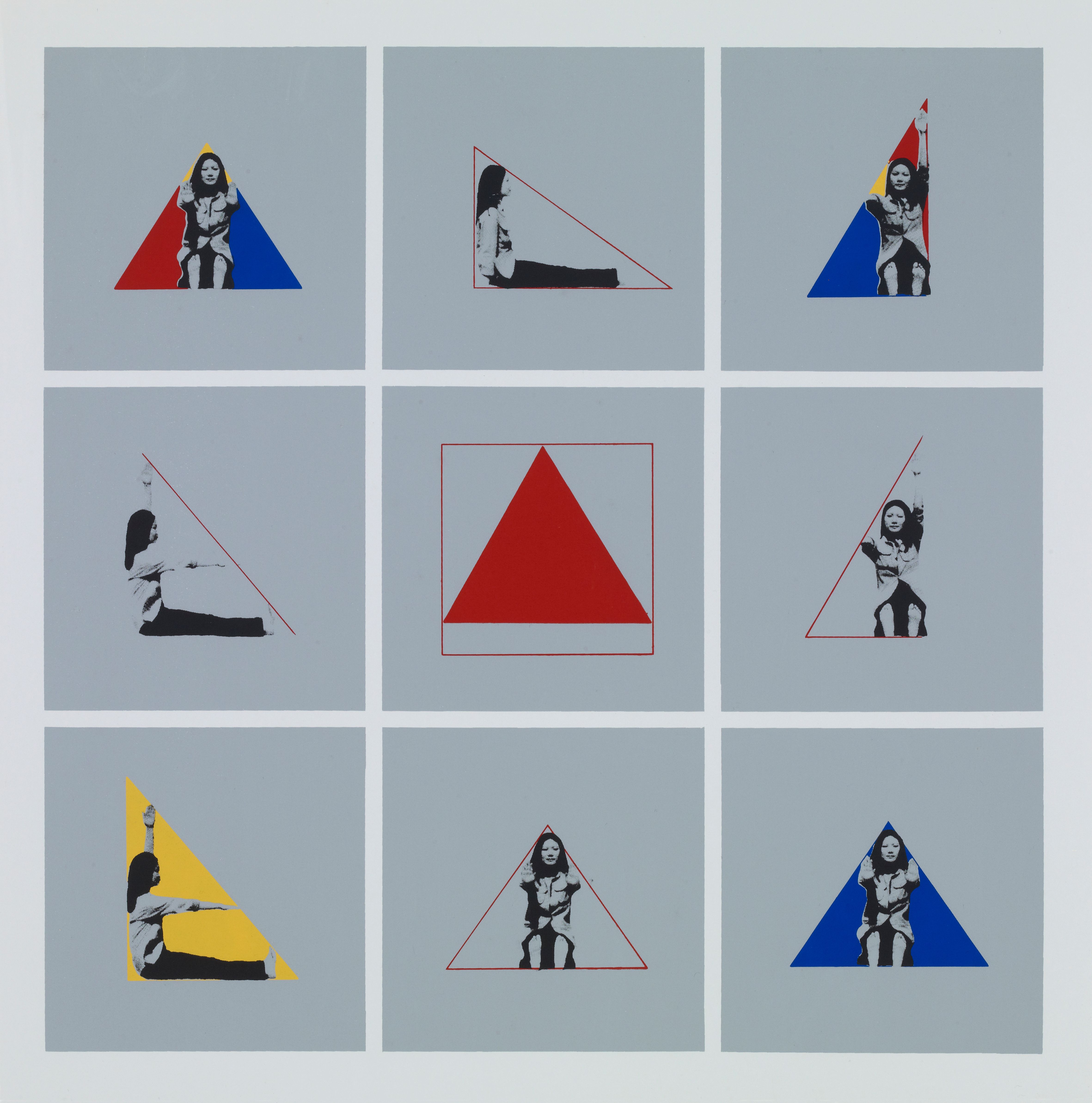 A collage of nine square images with grey backgrounds, each displaying variations of blue, red, and yellow triangles and s...