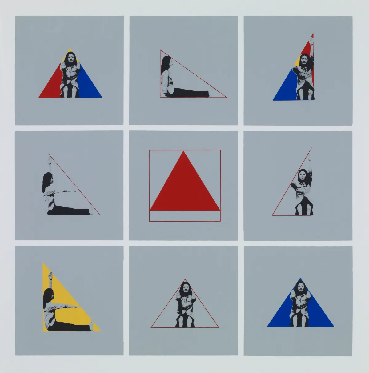 A collage of nine square images with grey backgrounds, each displaying variations of blue, red, and yellow triangles and silhouettes of a person in different poses. The central image stands out with a simple red triangle.