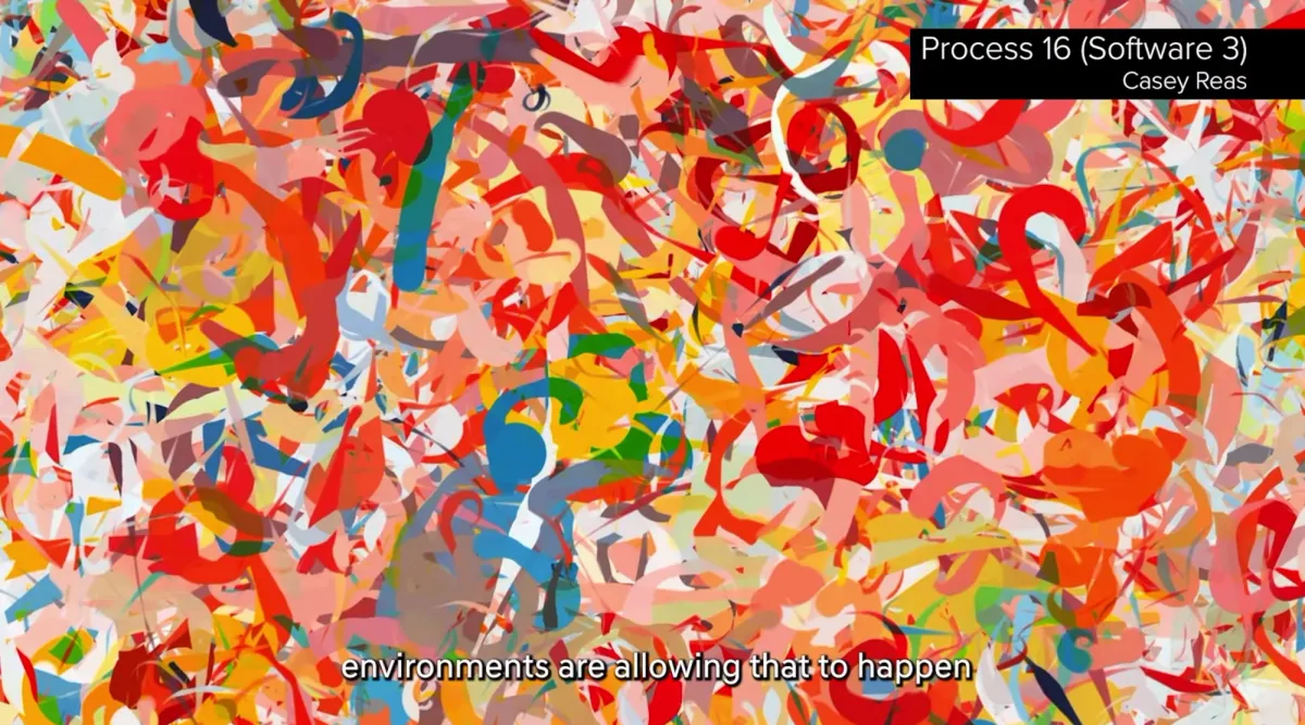 A computer-generated artwork displaying numerous, vibrant lines mimicking confetti scattered across a floor. The upper right corner holds the text "Process 15 (Software 3), Casey Reas" while the bottom features the phrase "environments are allowing that to happen".