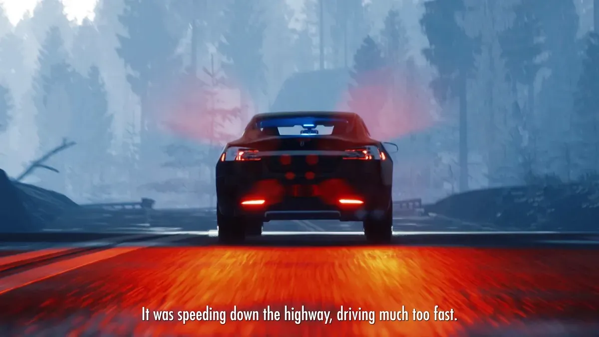 A graphic representation of an automobile driving swiftly on a vivid red road, reflecting the intense hue onto its shiny surface, with accompanying textual elements.