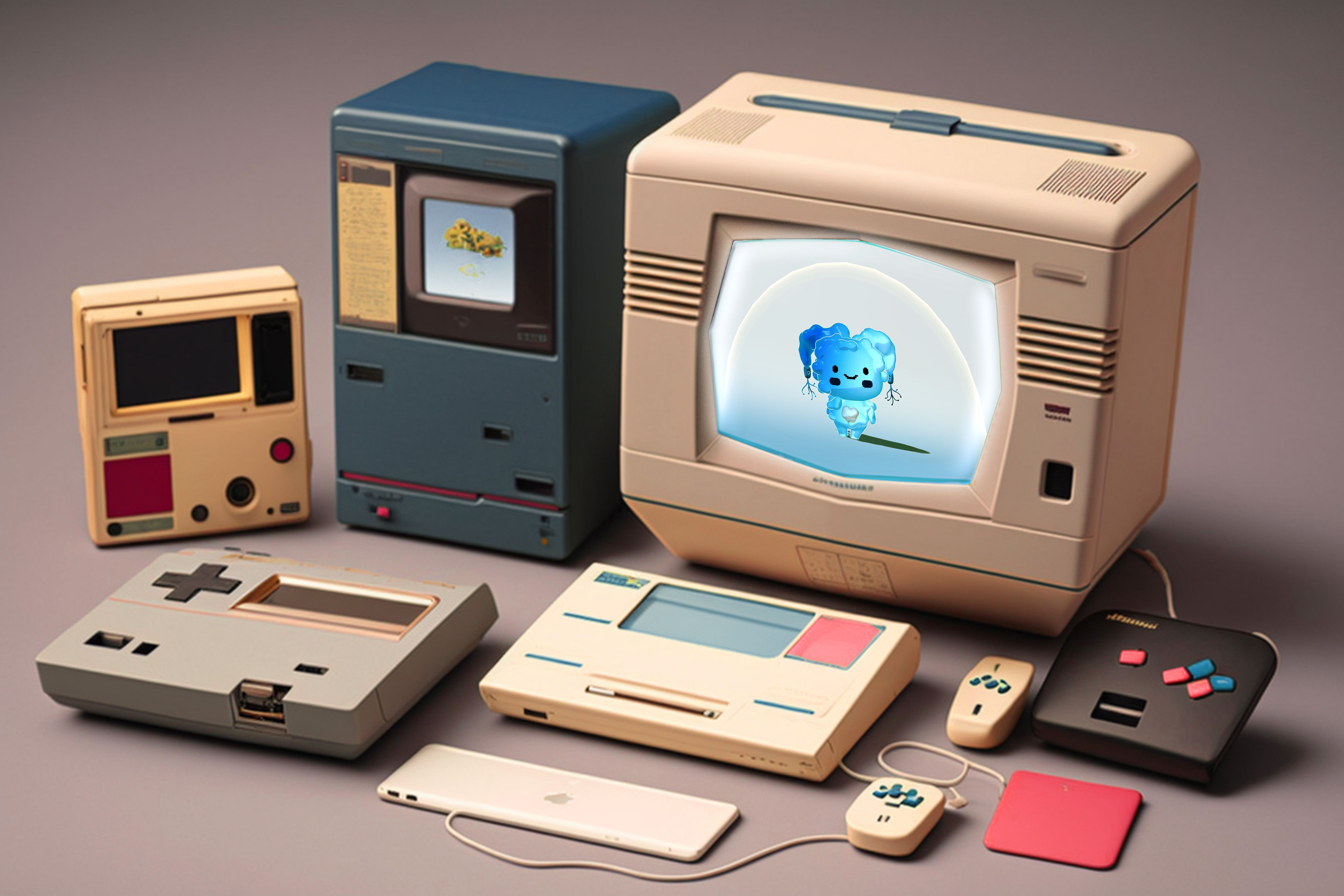 A collection of vintage electronics, including monitors and game consoles, displaying a blue animated character on one of ...