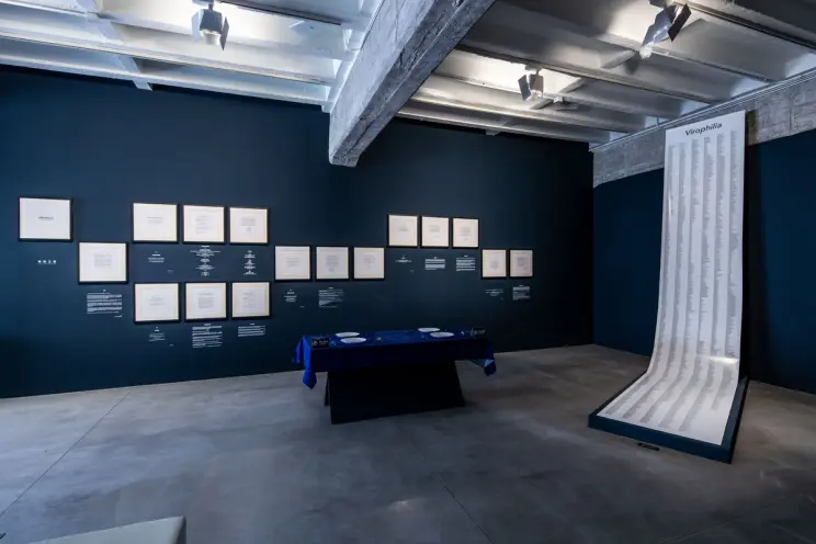 Exhibition space with framed texts on a wall and a tall printed scroll.