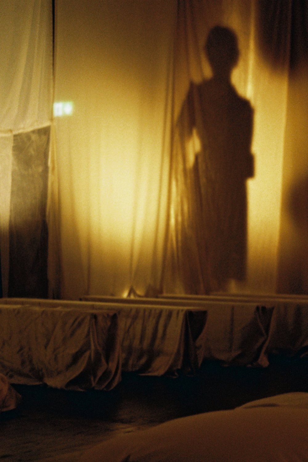 The silhouette of a person is projected onto a draped and lit curtain, creating a mysterious atmosphere.