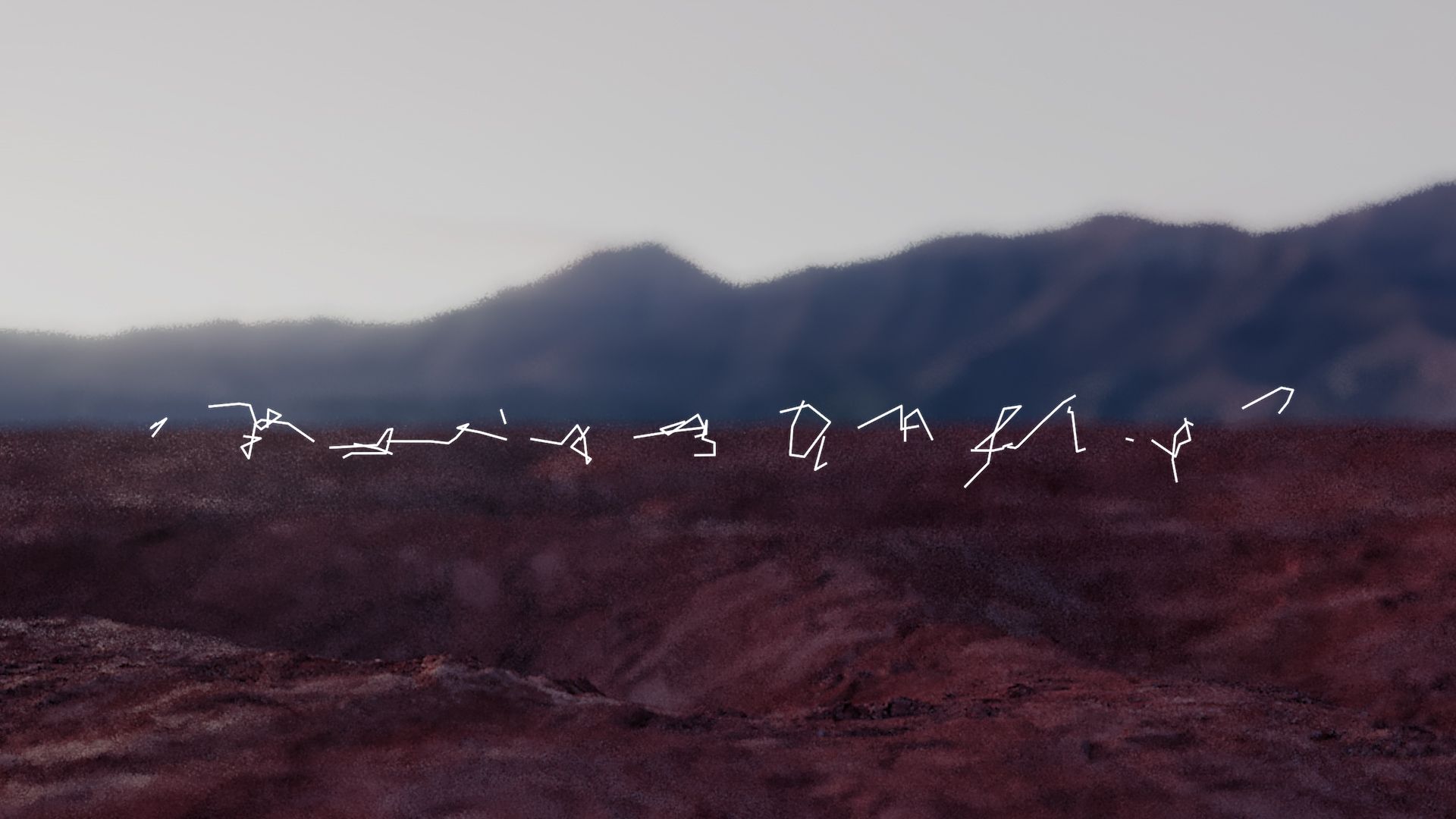 More fluid white abstract lines hovering over the same desert landscape.