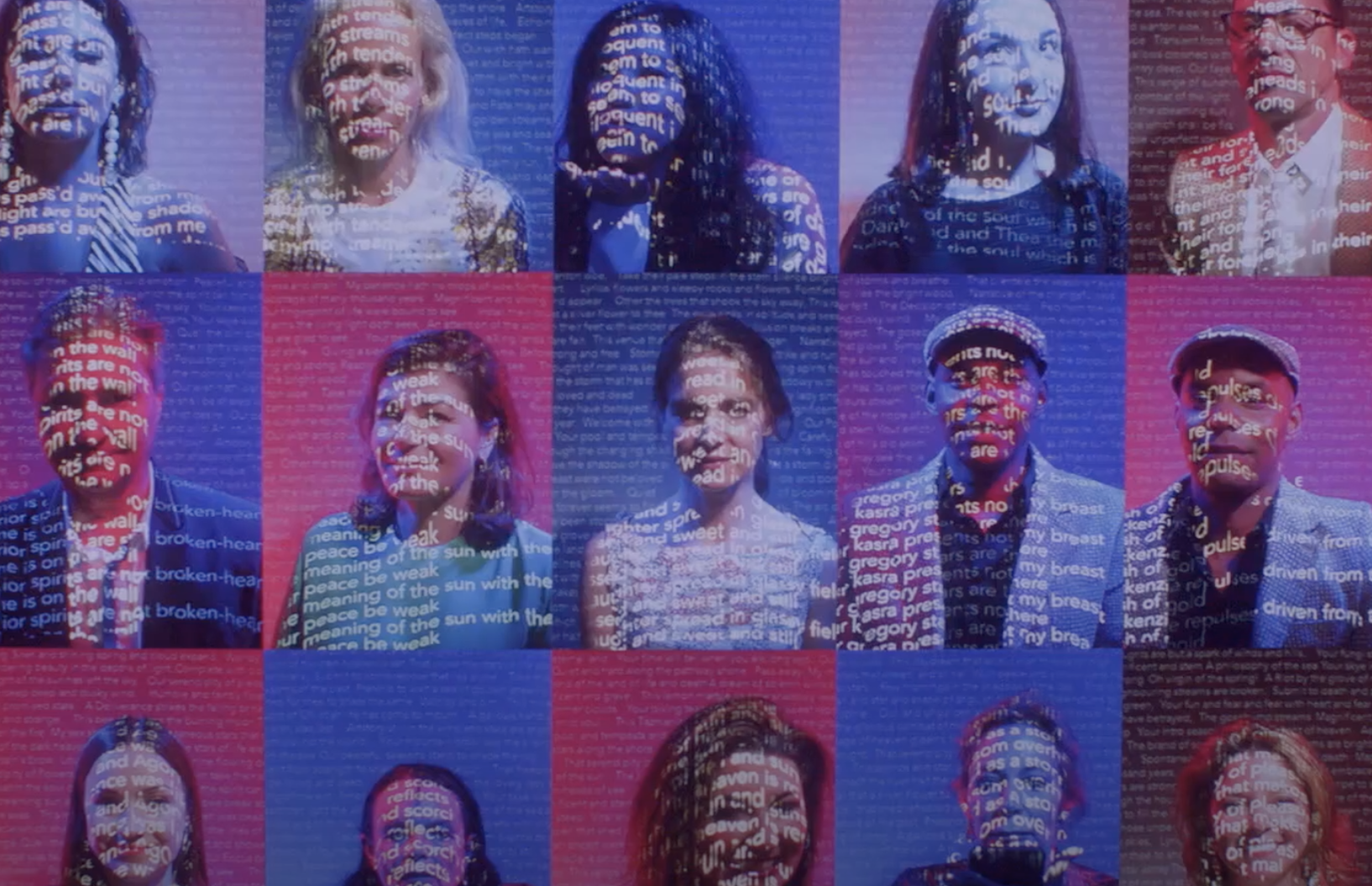 Three rows of five assorted portrait photographs displayed against pink, blue, and brown backgrounds, with individuals sta...