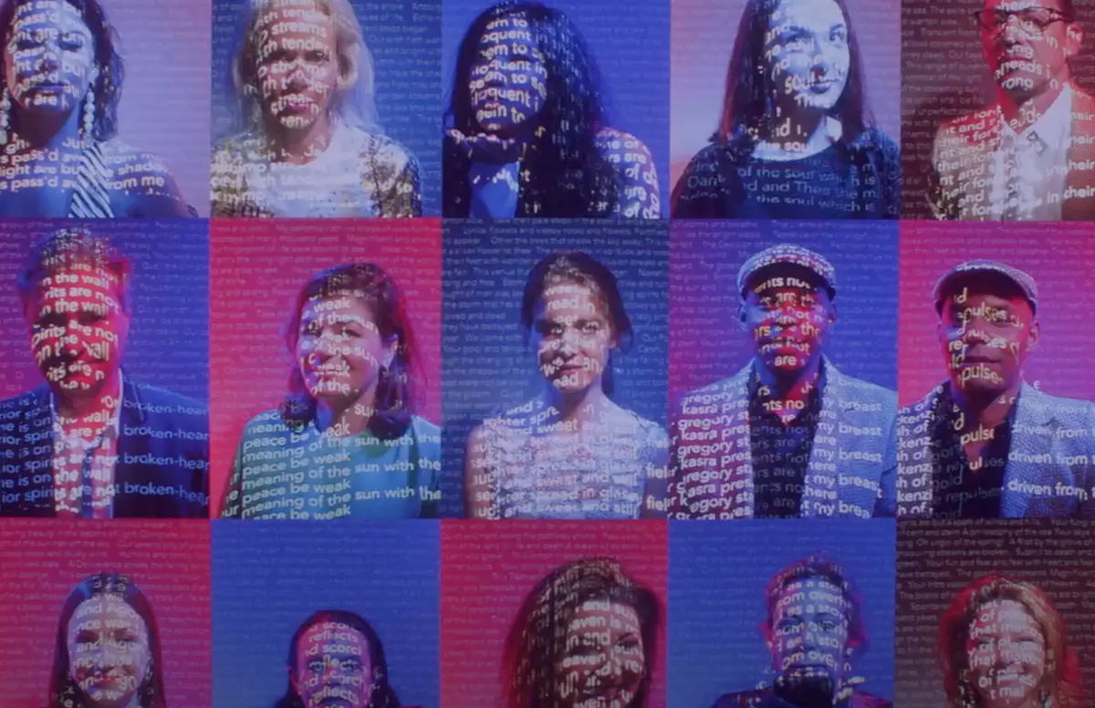 Three rows of five assorted portrait photographs displayed against pink, blue, and brown backgrounds, with individuals standing before a projector displaying white text.