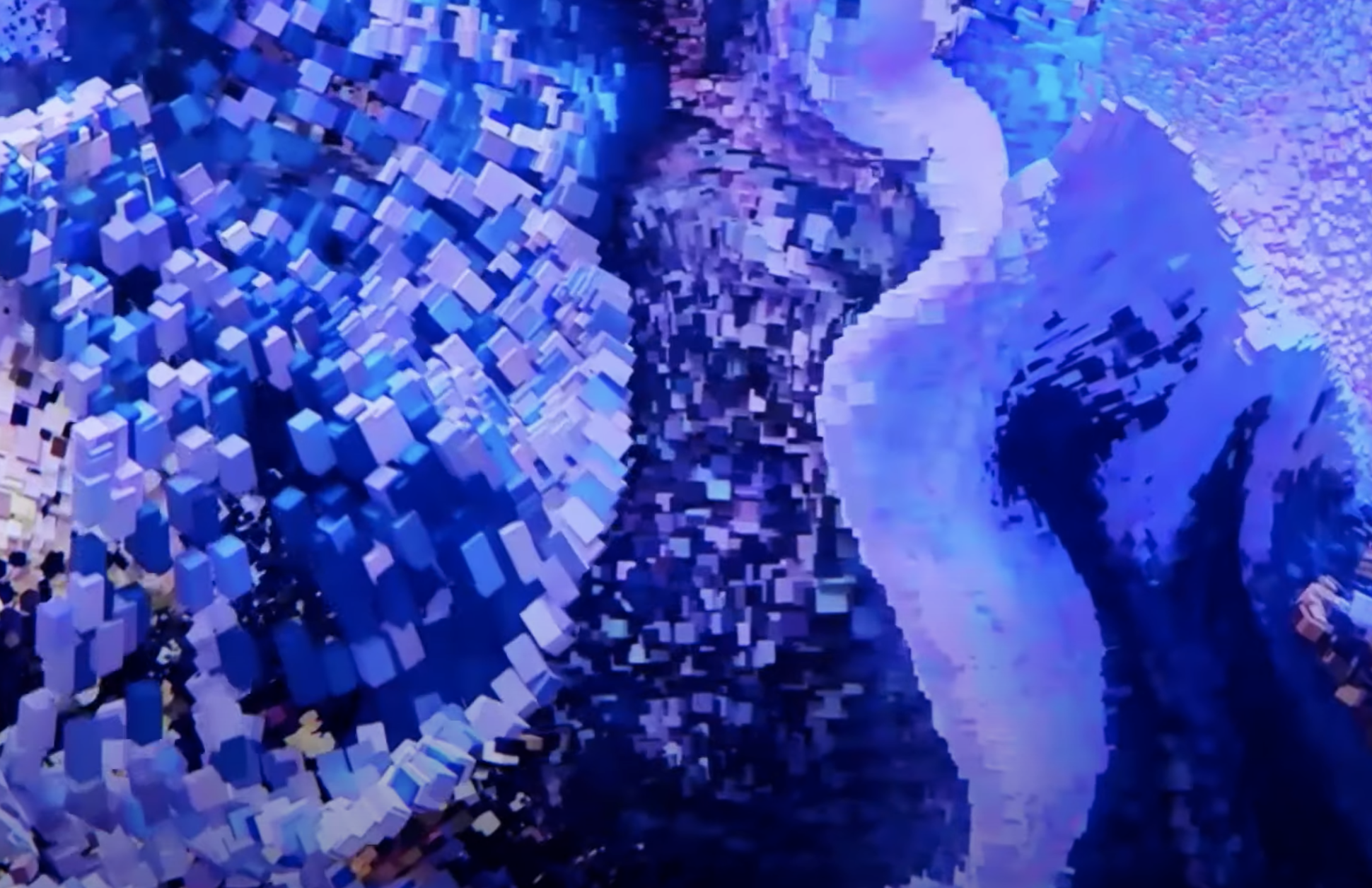An abstract image showcasing various undefined shapes, created from cubes in a spectrum of varying blue shades.