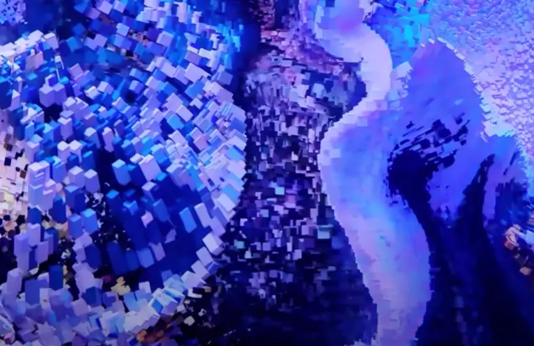 An abstract image showcasing various undefined shapes, created from cubes in a spectrum of varying blue shades.