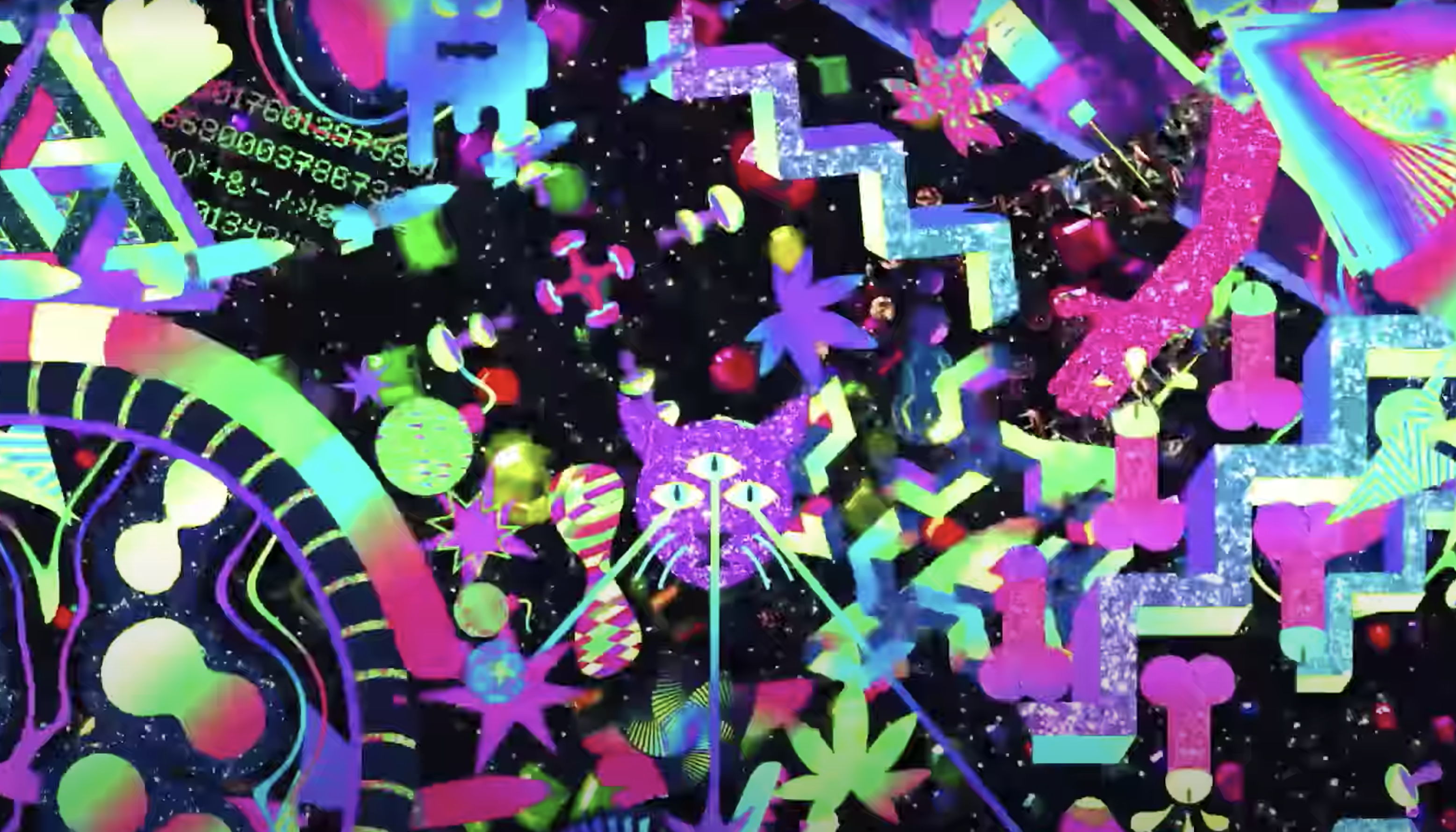 An abstract artwork brimming with chaos featuring multiple neon-colored shapes emulating rockets, three-eyed cats, mushroo...