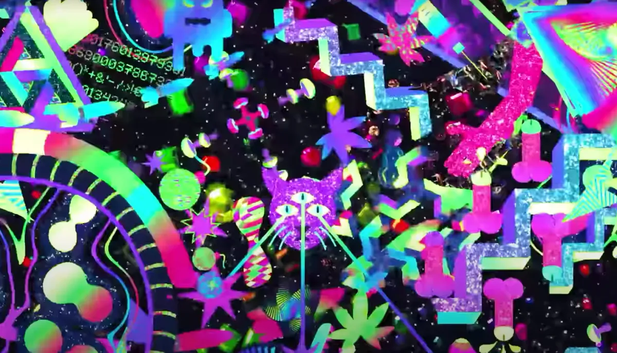 An abstract artwork brimming with chaos featuring multiple neon-colored shapes emulating rockets, three-eyed cats, mushrooms, and more against a dark background. The piece also incorporates numbers, triangles, and marijuana leaf symbols throughout.