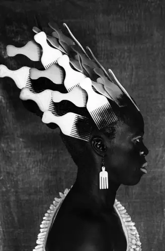 Black and white profile portrait of a person with numerous white combs inserted into their hair.