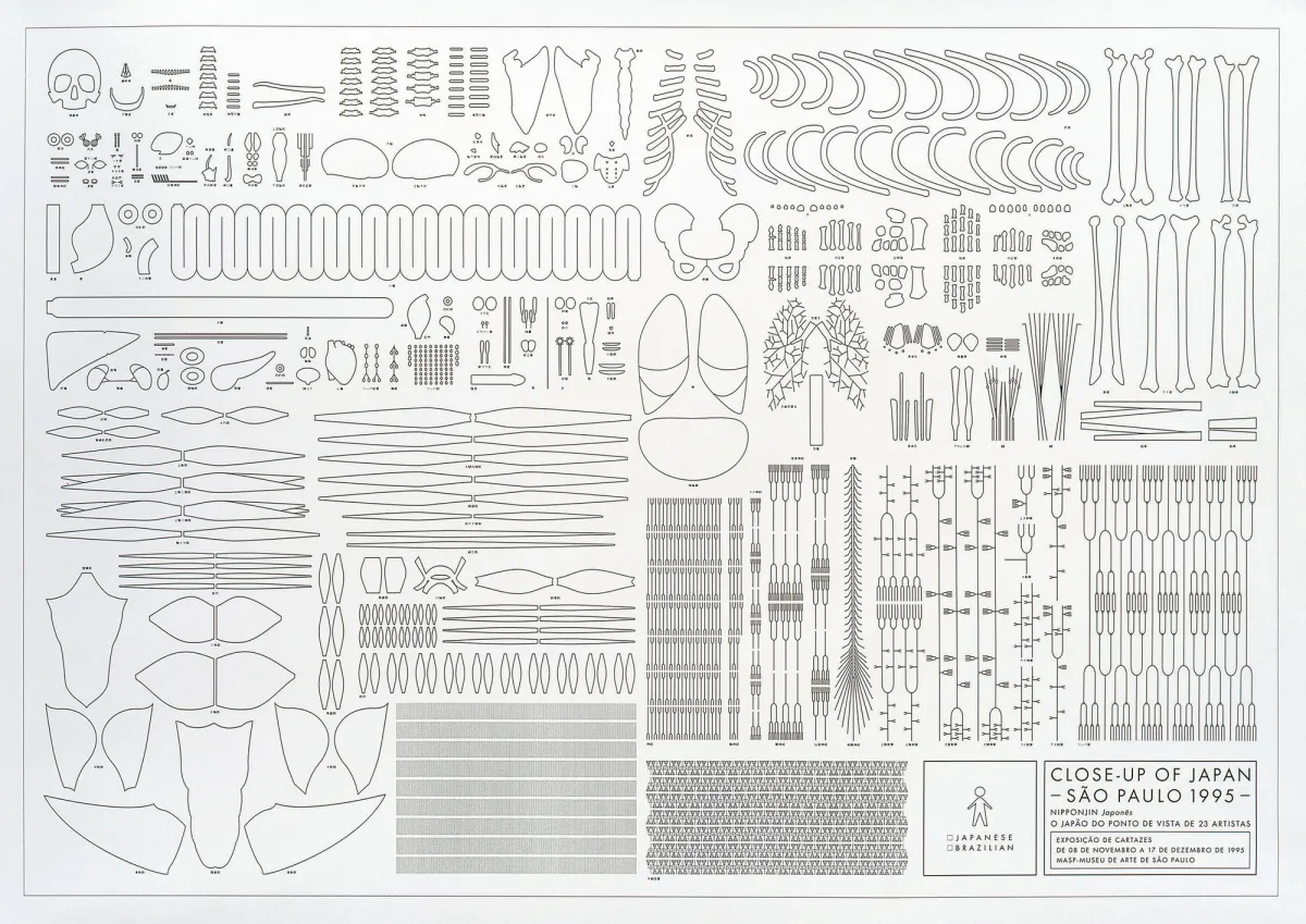 A poster containing detailed illustrations of body parts. Contains a stick figure drawing with the words “Japanese” and “Brazilian” next to check-marks, and text that reads “Close-Up of Japan - Sao Paulo 1995.”