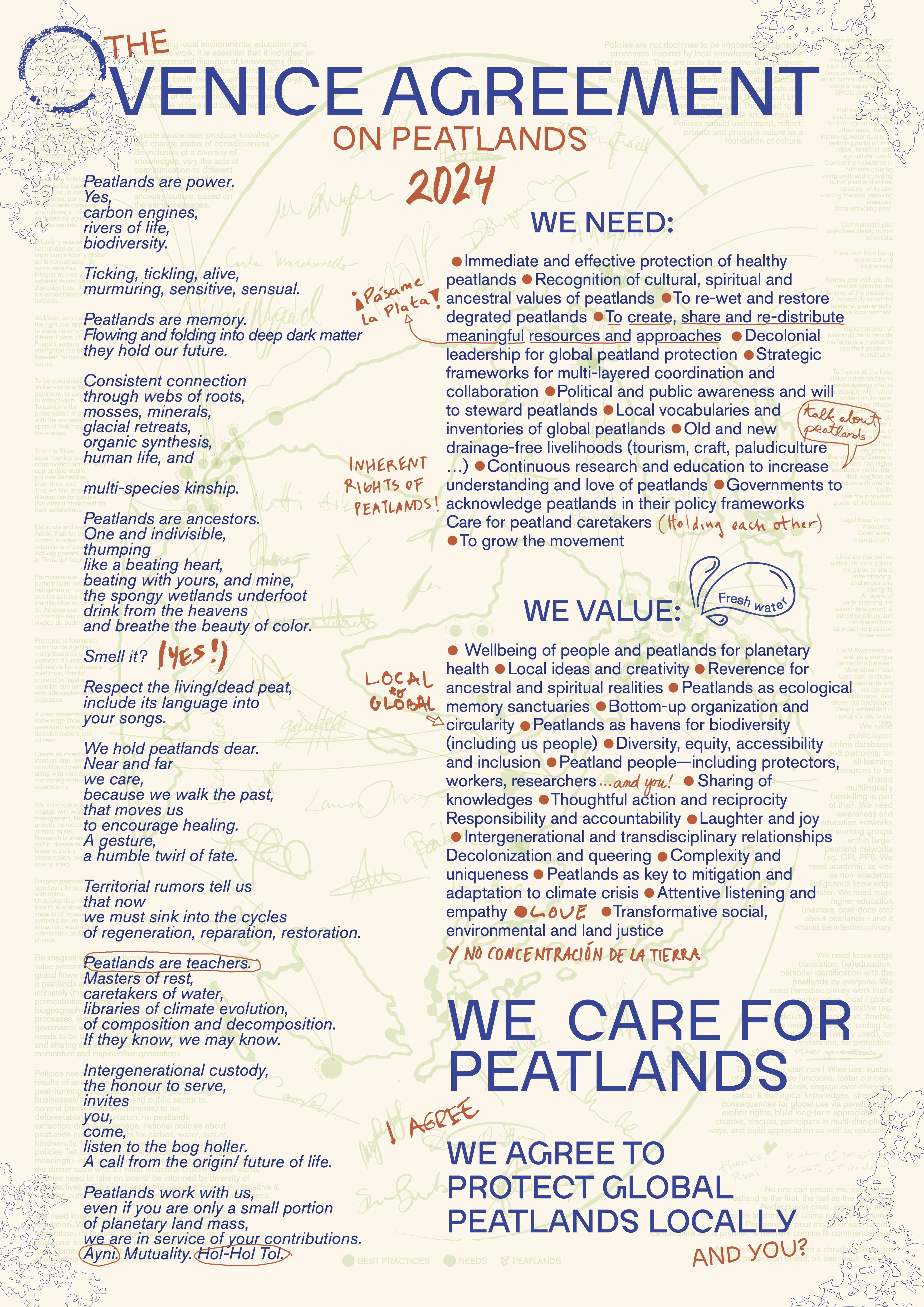 The 2024 Venice Agreement poster advocating for the protection and cultural recognition of peatlands.