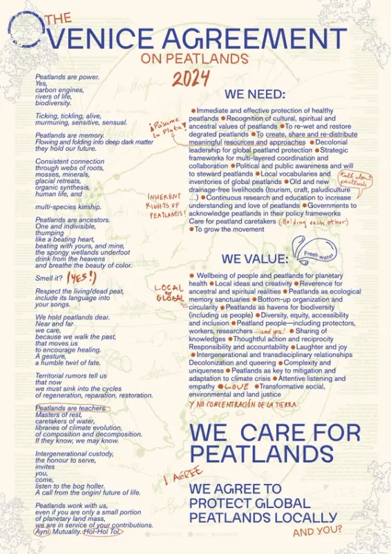 The 2024 Venice Agreement poster advocating for the protection and cultural recognition of peatlands.