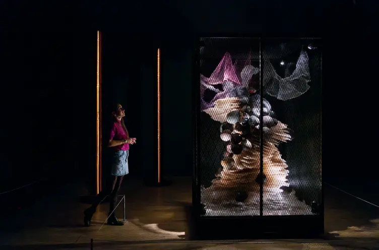 A woman in a pink top observes a large, illuminated sculpture enclosed in a black mesh cage. The sculpture features layere...
