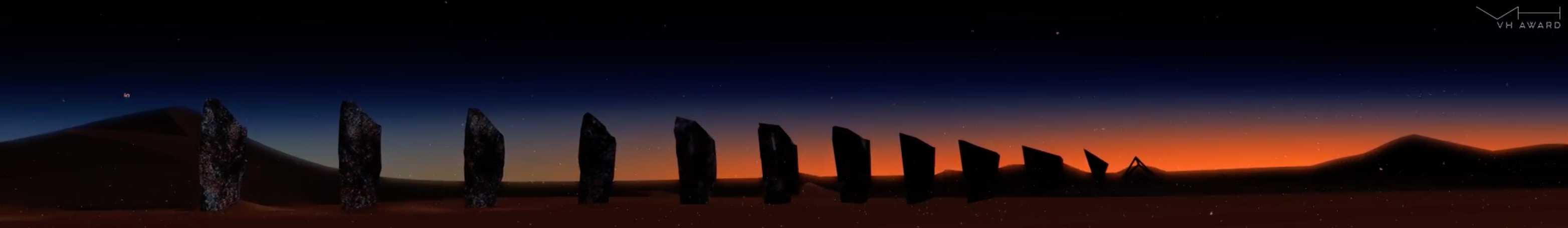 Silhouetted hills and forms under a gradient sunset sky, shifting from warm orange to deep indigo.