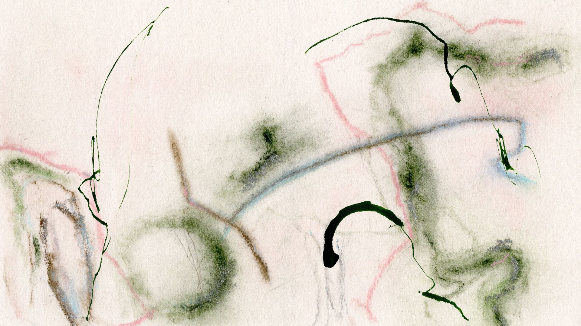 Abstract artwork with soft shapes and flowing lines in muted greens, grays, and hints of pink and blue on a textured backg...