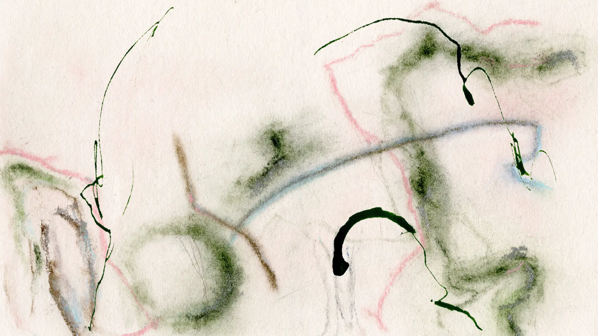 Abstract artwork with soft shapes and flowing lines in muted greens, grays, and hints of pink and blue on a textured backg...