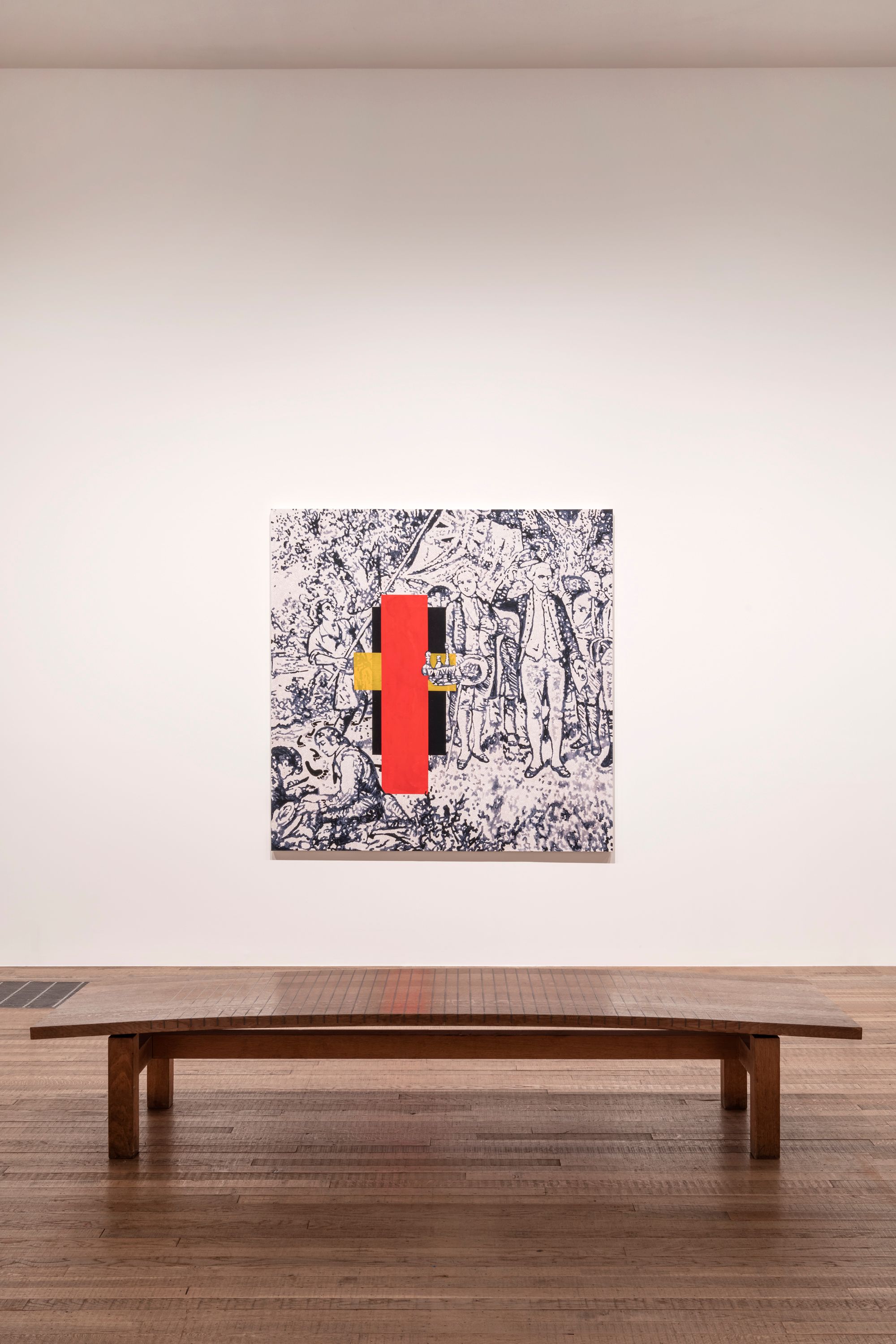 A wooden bench on a gallery floor, facing a large black and white modern artwork depicting historic motifs. The canvas has...