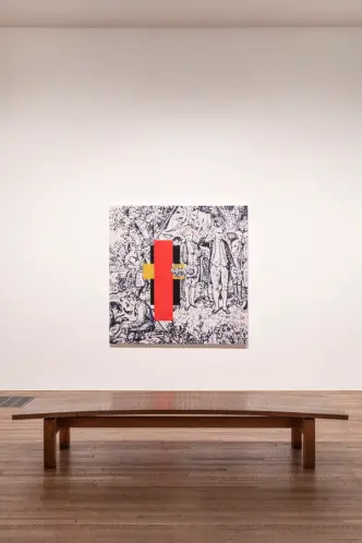 A wooden bench on a gallery floor, facing a large black and white modern artwork depicting historic motifs. The canvas has...
