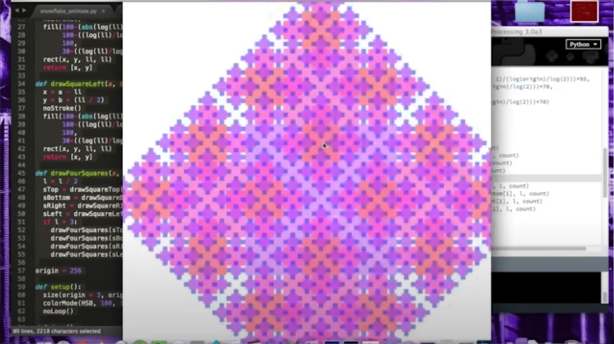 A screenshot displaying computer code on the left and the result of the executed code on the right, producing a pink geometric form.