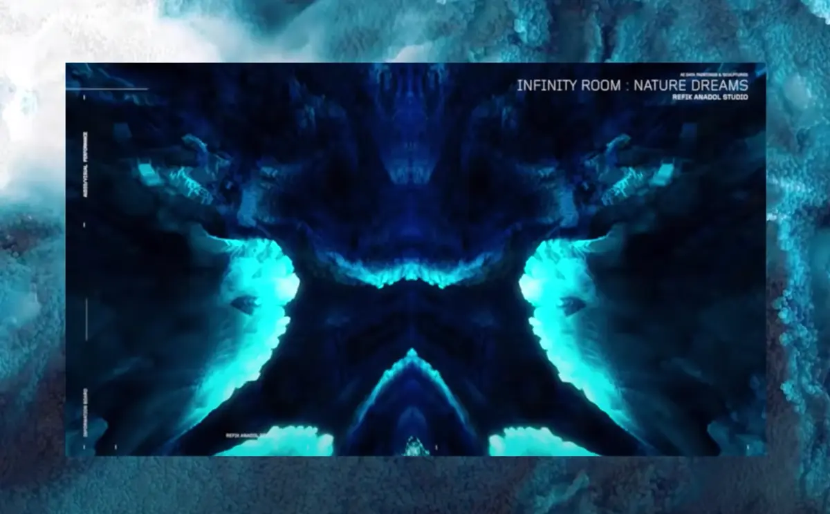 Event poster featuring cloudy abstract shapes transitioning from dark blue to aqua, promoting "Infinity Room: Nature Dreams."