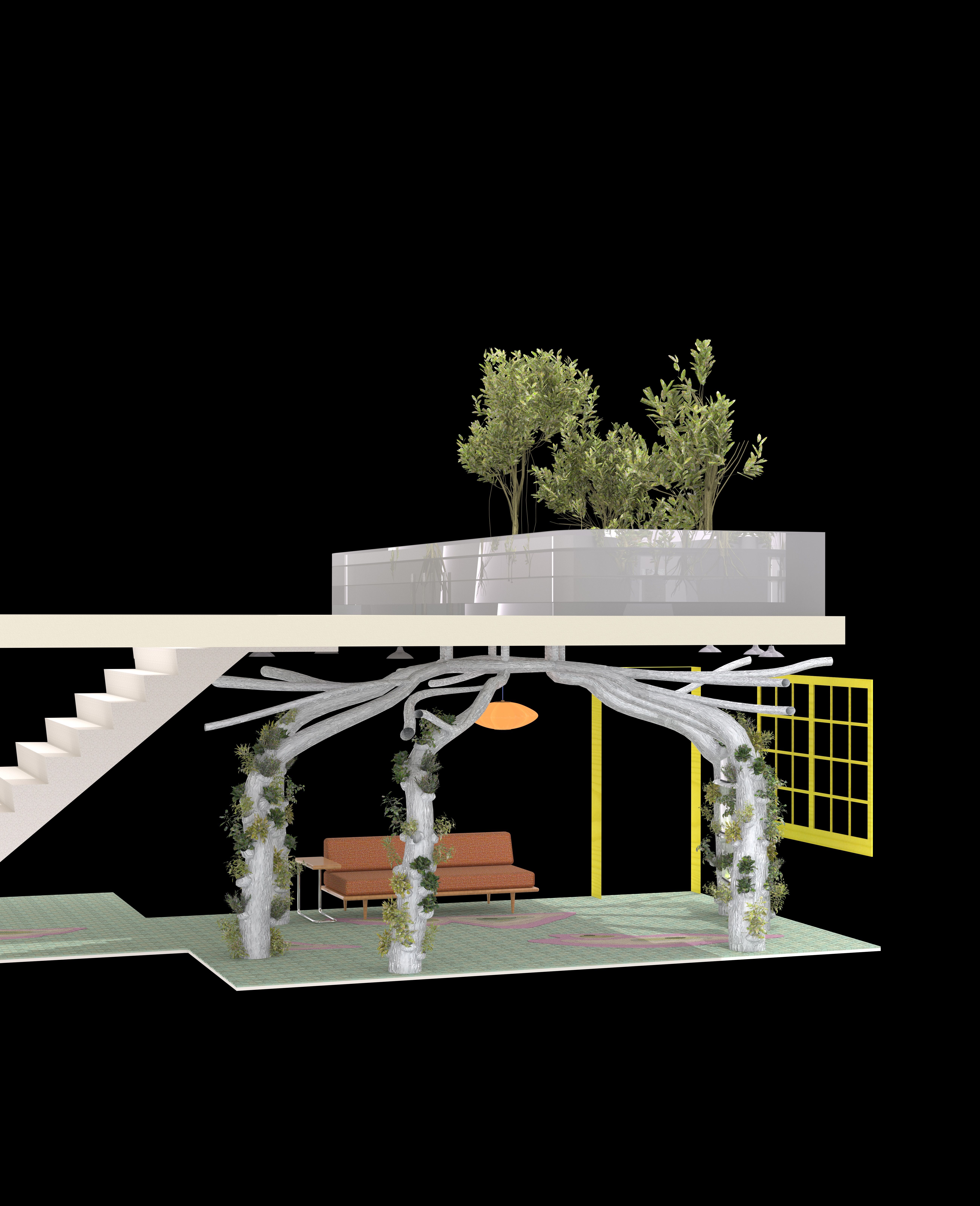 An architectural rendering of a modern living space with trees, a staircase, and green accents.