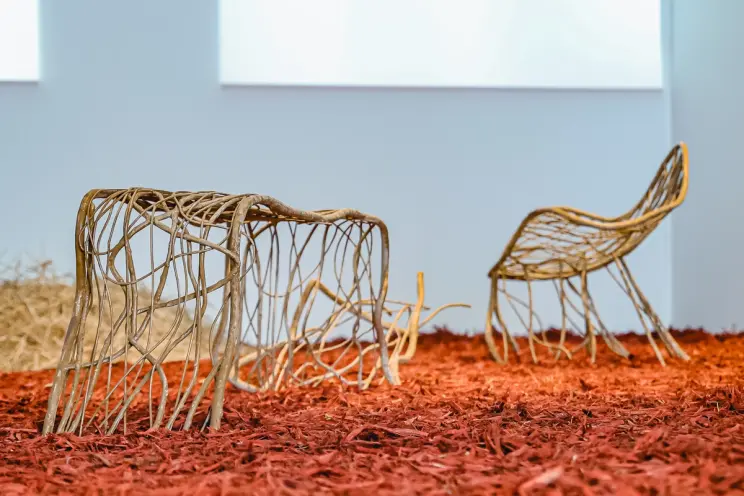 Tree branches woven together into a bench-shaped sculpture on red mulch.