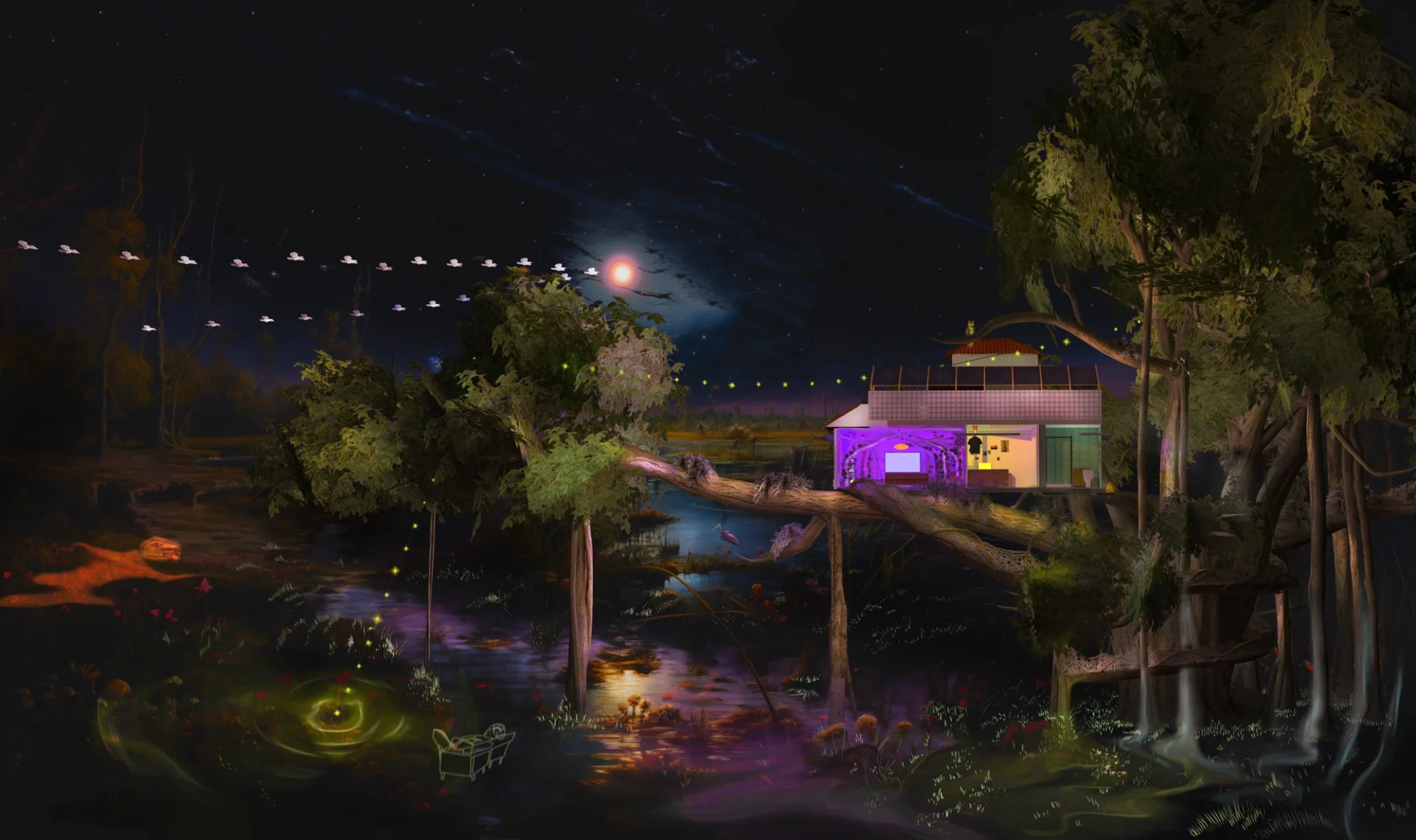 A nighttime swamp scene with a glowing, purple-lit house, flying birds, trees, and a reflective water surface.