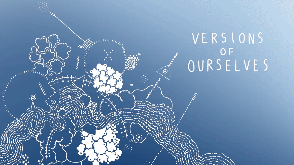 A fast-forward map doodling made by James Paterson, titled 'Versions of Ourselves', created in 2023. The abstract artwork, featuring intricate line drawings, is set against a vibrant blue background.