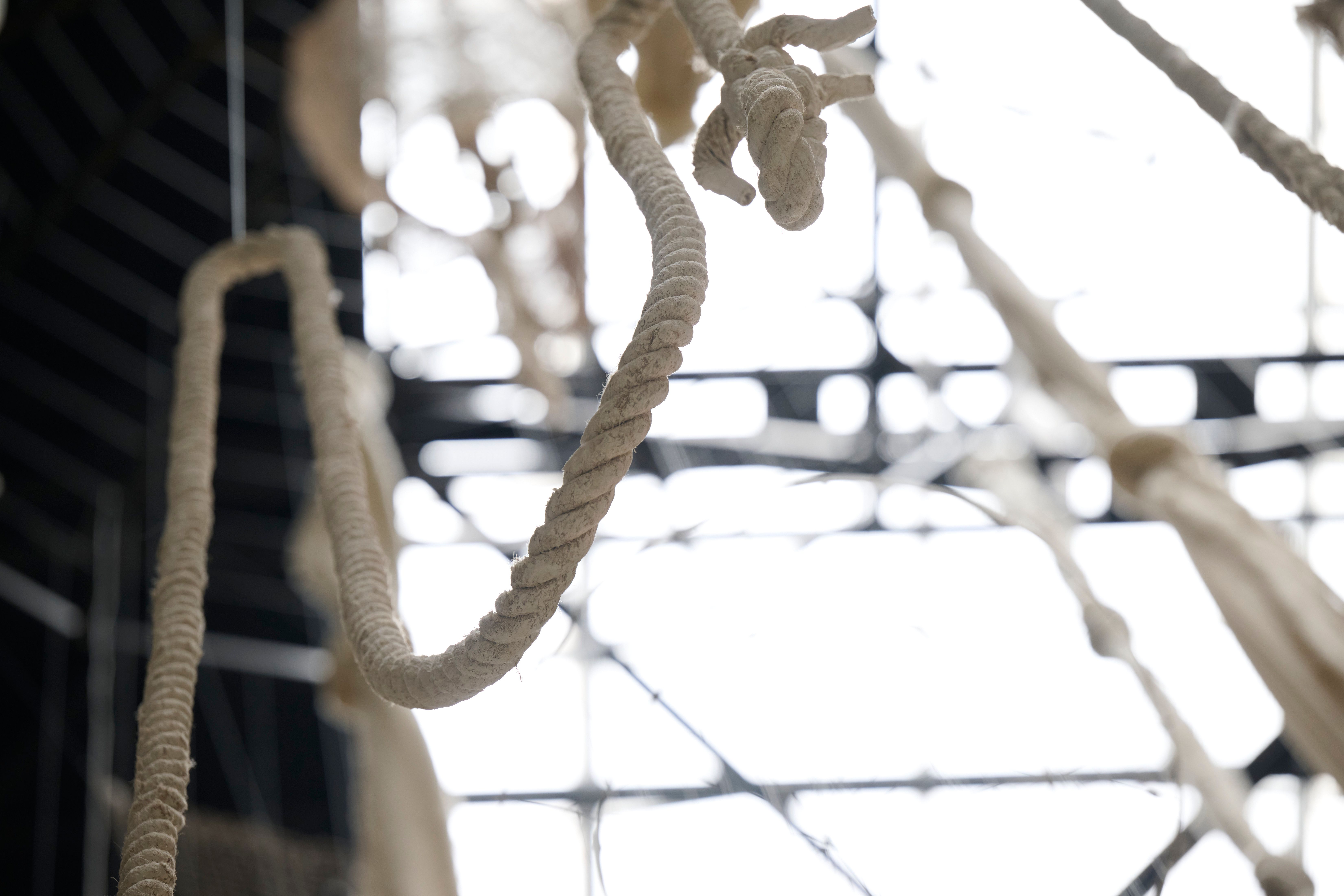Close-up photography of a intricately woven rope, part of an art installation, with a blurred background of the exhibition...