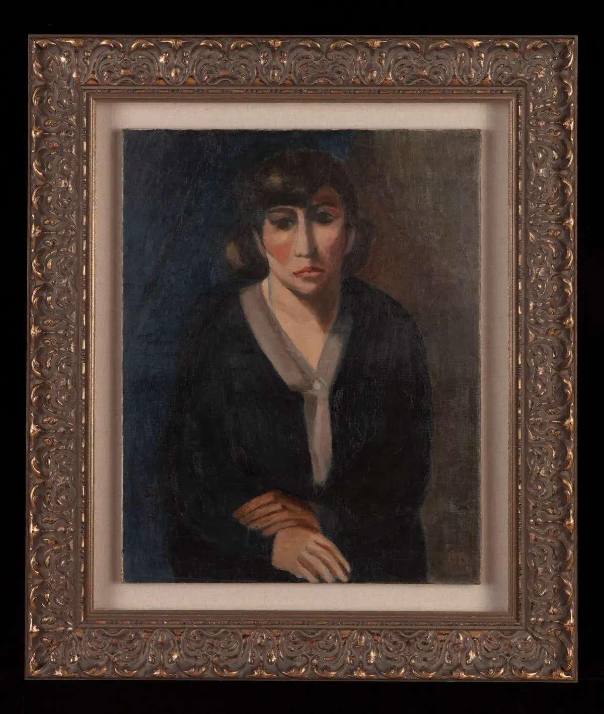 A framed portrait painting of a person looking morose.