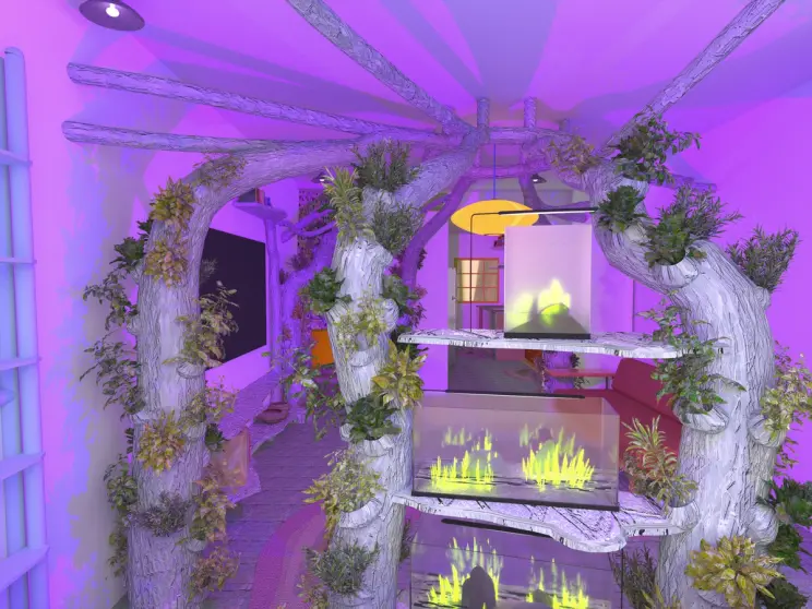 A vibrant room with purple hues, living trees, and a futuristic, nature-integrated design.