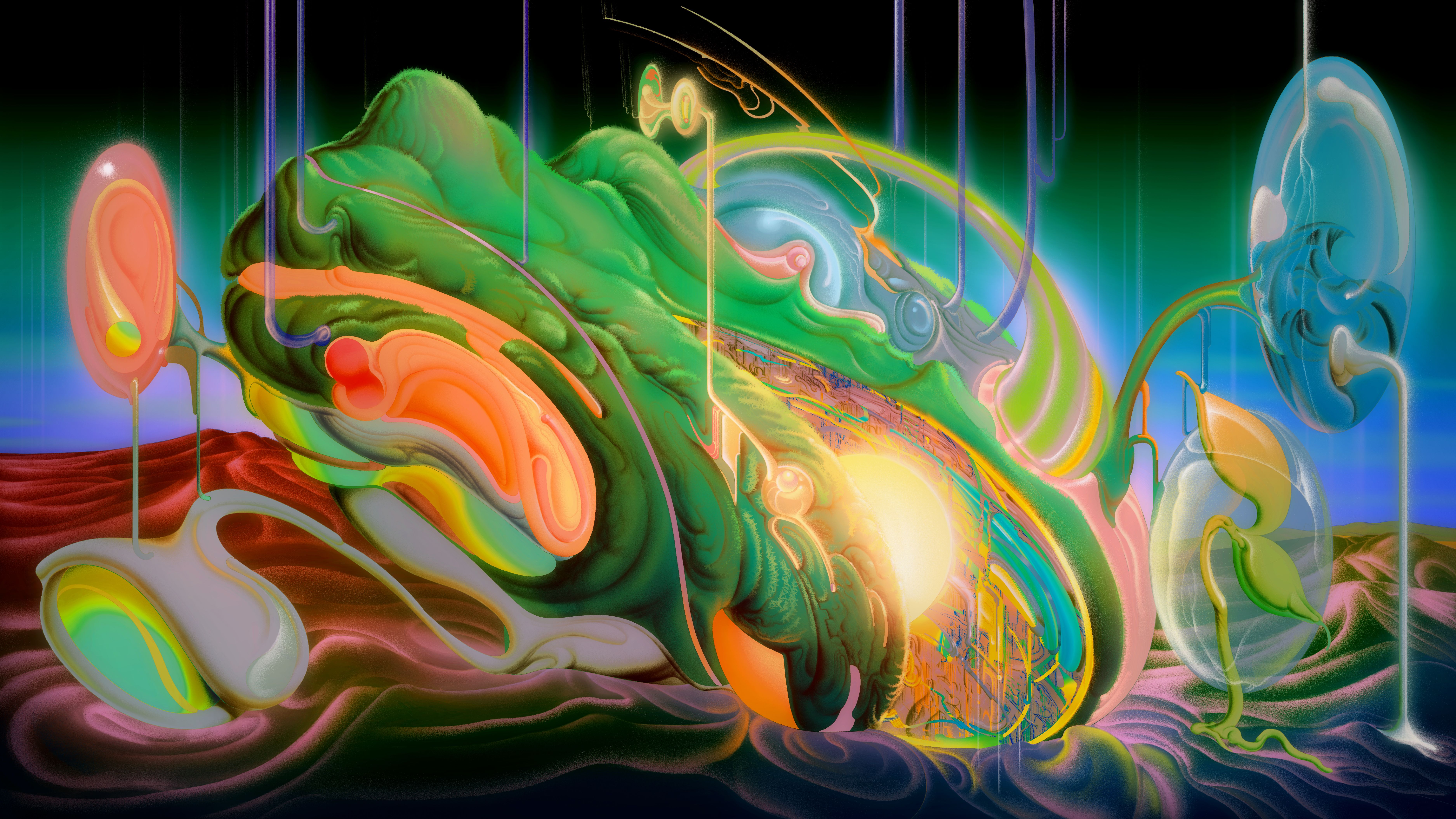 An abstract digital painting featuring a blend of painted patterns in electric blue and water-like textures.