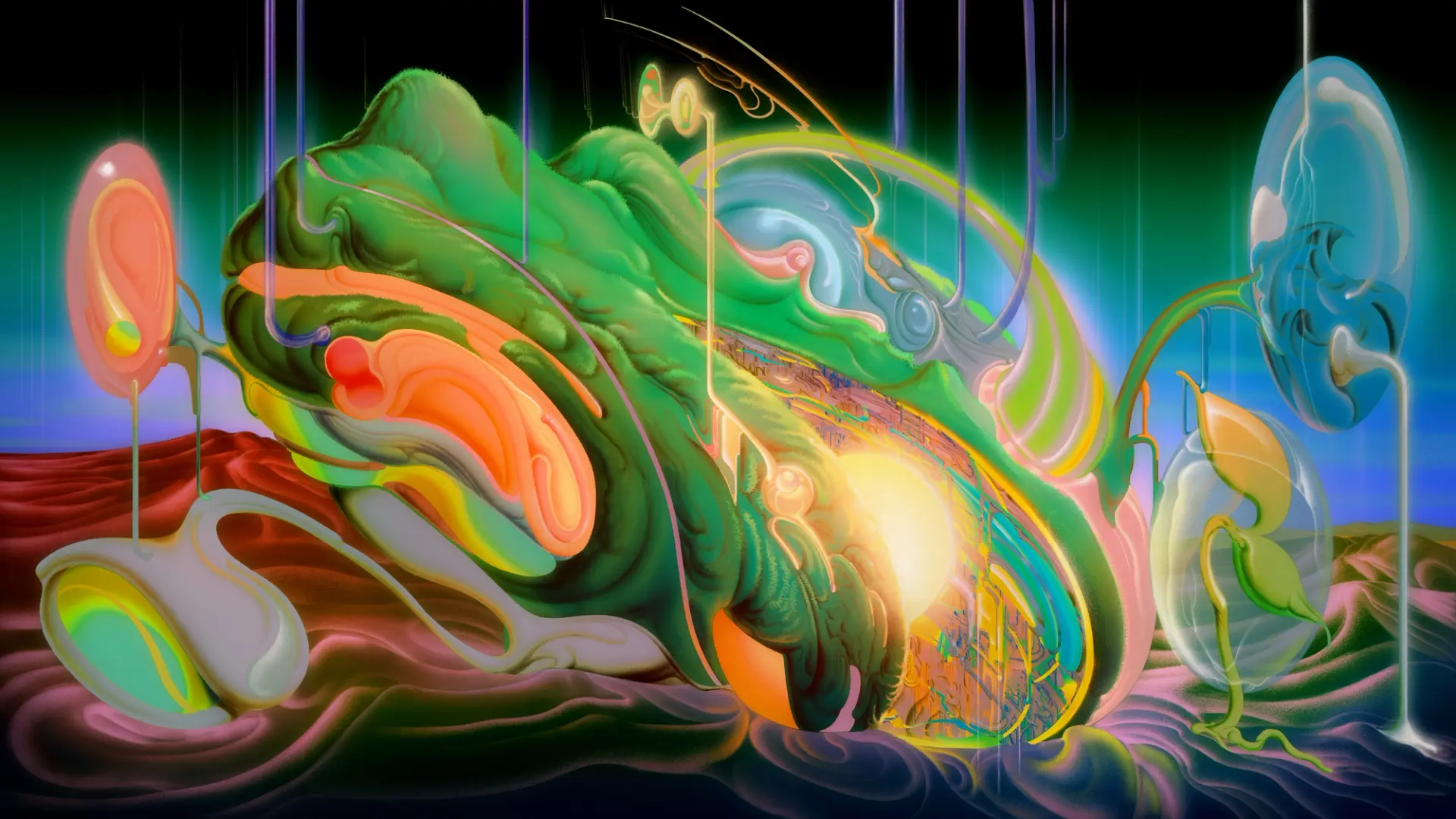 An abstract digital painting featuring a blend of painted patterns in electric blue and water-like textures.