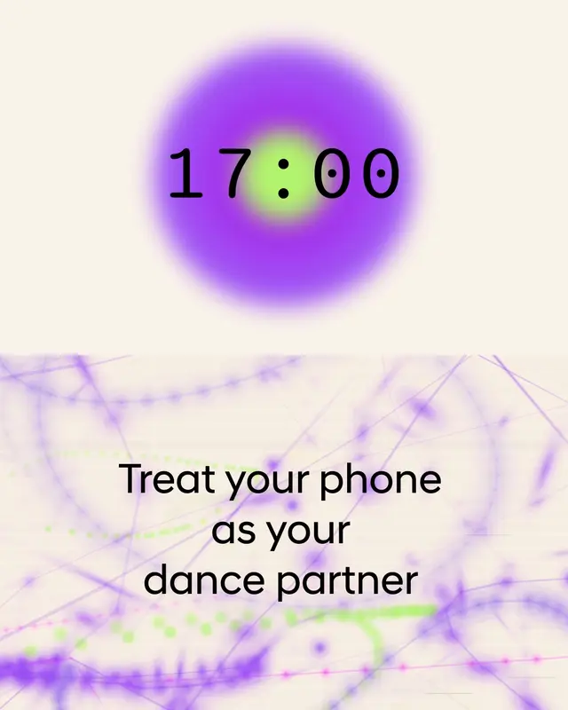 A digital graphic with two sections. The top half features a glowing circular gradient in purple and green with the time "17:00" displayed in large black numerals at the center. The bottom half has a light background overlaid with flowing, abstract lines and dots in purple, green, and pink. In the middle of this section, bold black text reads: "Treat your phone as your dance partner."