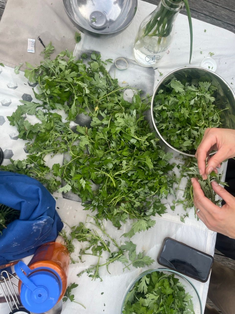 A close-up of a table with a large amount of fresh green herbs being prepared, surrounded by bowls, a bottle, and other kitchen items.