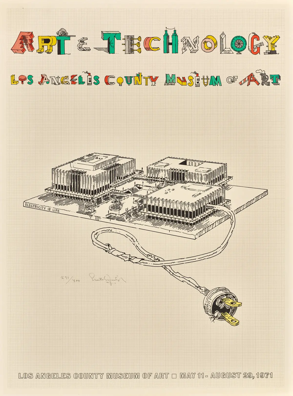 Vibrantly colored event poster with stylized letters with text that reads "Art & Technology: Los Angeles County Museum of Art," featuring a drawing of a museum attached to an unplugged power chord.