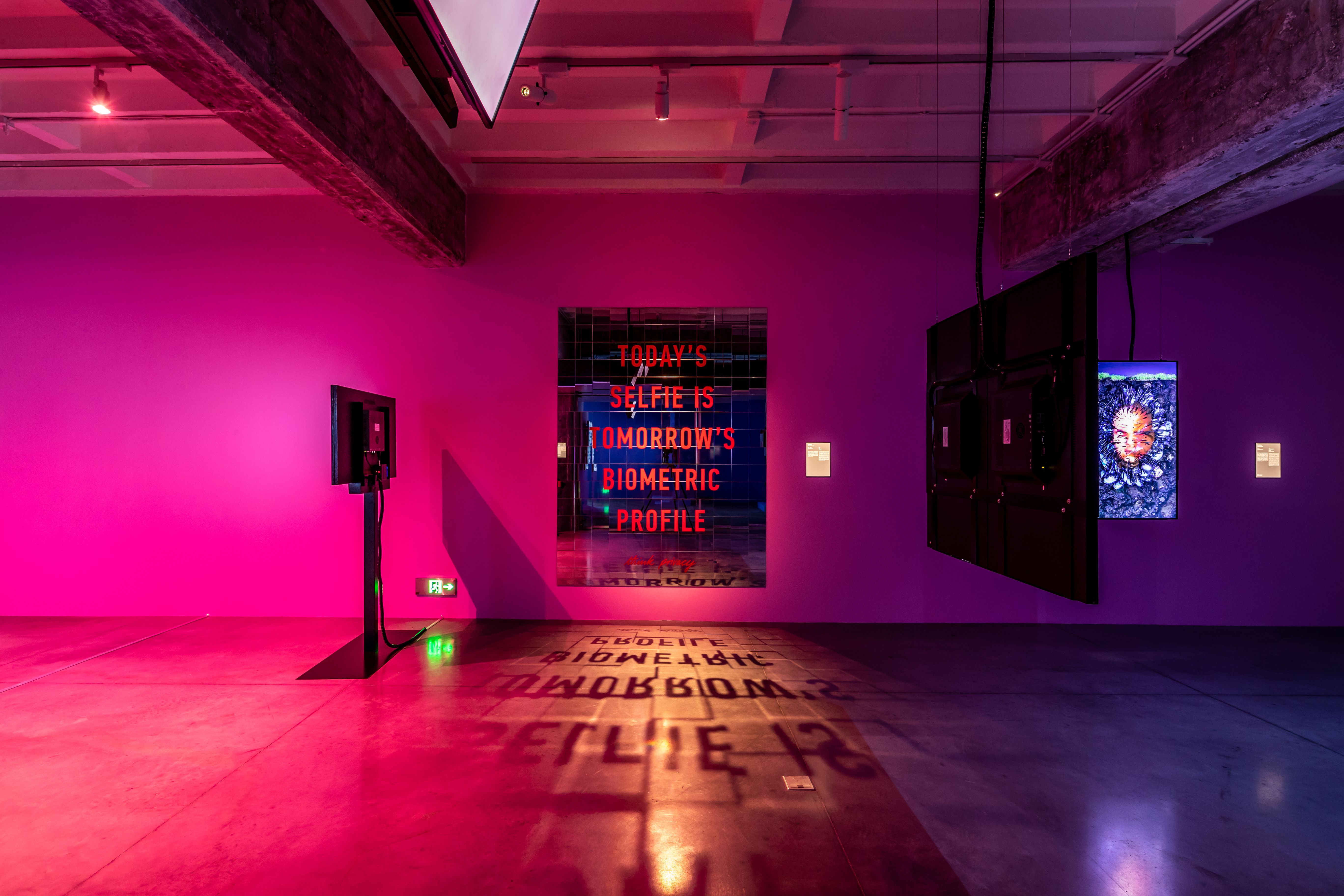 Art gallery with neon lights and message about selfies and biometrics.