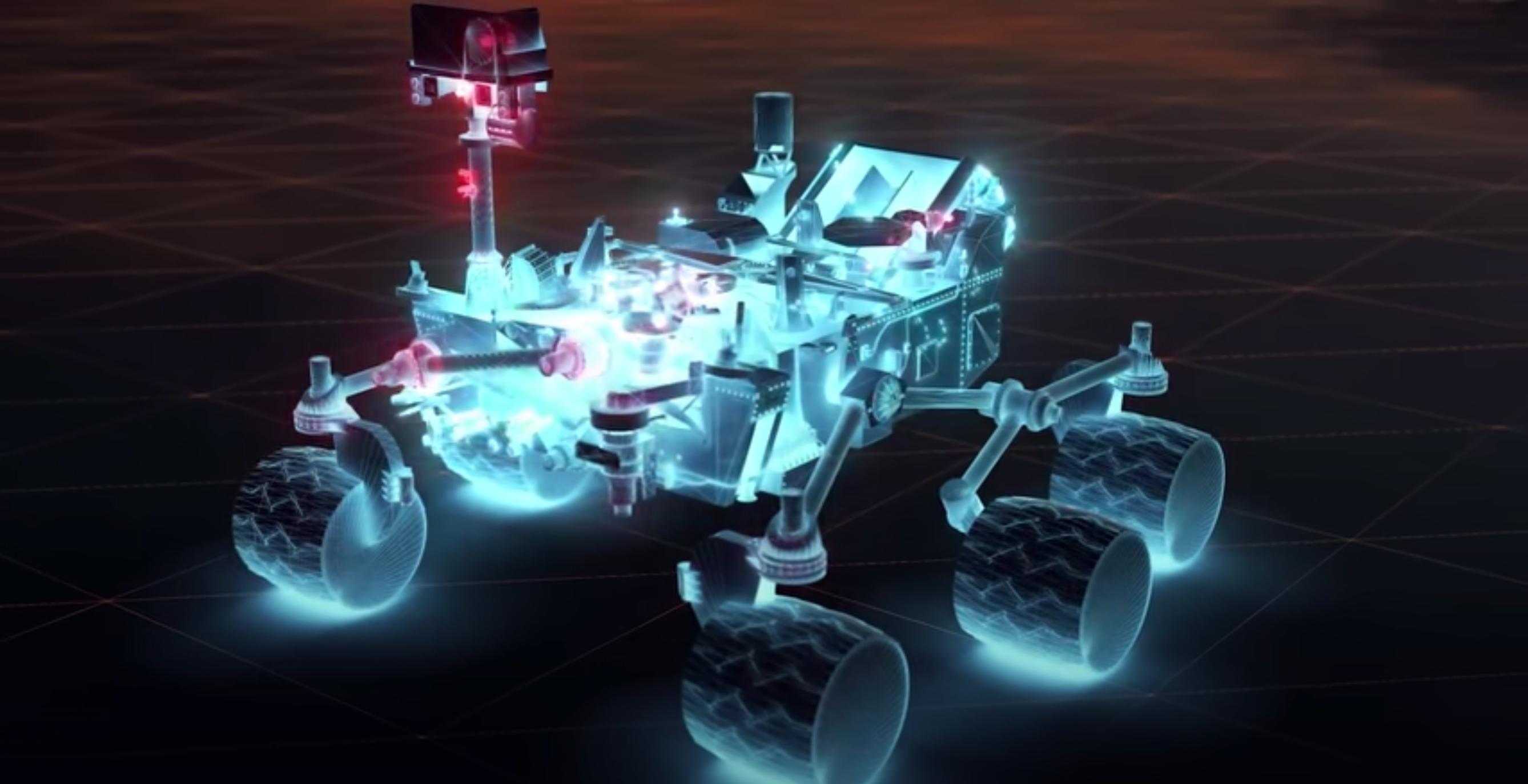 A Martian rover is presented in a reverse color image, inverting the usual colors and giving it an abstract, otherworldly ...