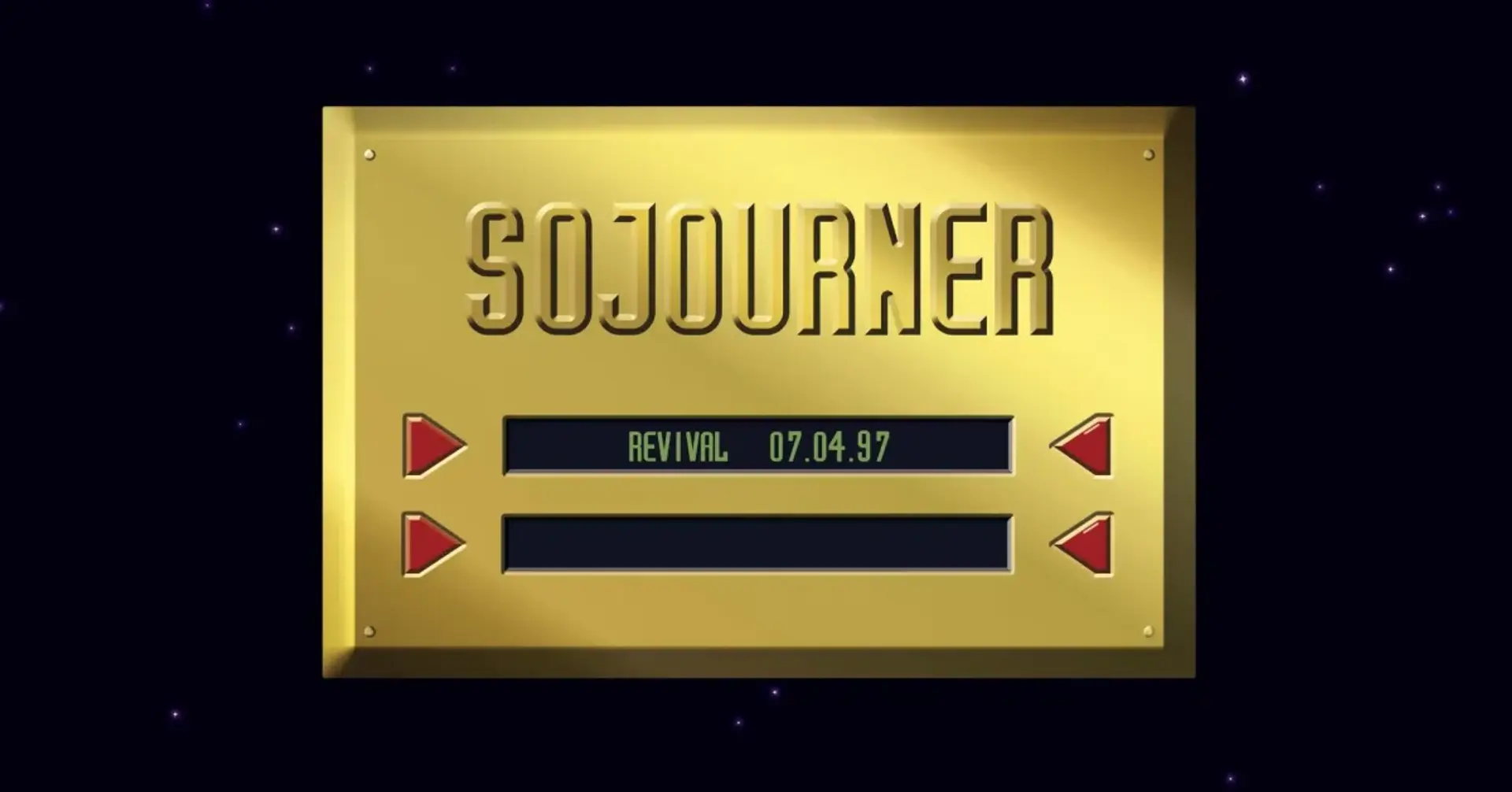A yellow plaque titled 'Sojourner's Revival 070497' is displayed with red arrows pointing towards it.